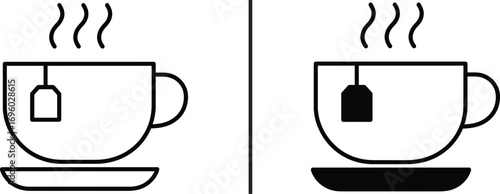 Steaming Tea Cup Silhouette: A minimalist, high-contrast illustration depicts a cup of steaming tea, the tea bag subtly visible.