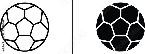 Soccer ball Graphic: A detailed graphic presents two contrasting representations of a classic soccer ball, one with a delicate outline and the other filled with solid black.