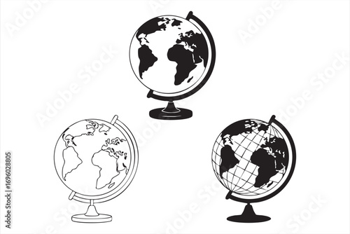 Minimalist Solid and Outline Icons of World Globes for Education, Travel, and Business
