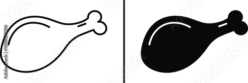 Chicken Leg Icon: A simple and modern illustration showcasing a single chicken leg, presented in both outline and solid black styles, perfect for culinary and food-related projects.