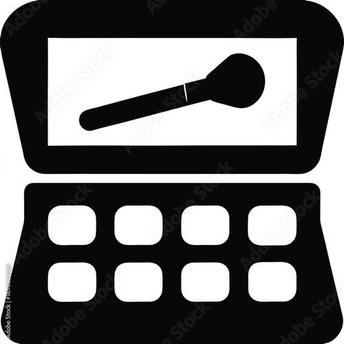 Graphic illustration of an open makeup palette with eyeshadow shades and a brush displayed on a laptop screen representing a makeup tutorial or online beauty product demonstration