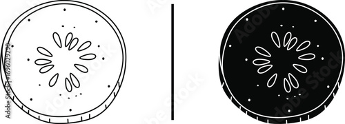 Cucumber Slices: A set of two stylized illustrations depicting a fresh cucumber slice, showcasing its shape and form with intricate line work.