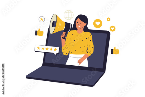Live Shopping and E-commerce Stream Illustration. Modern Illustration of a Woman Selling Products Online Through a Live Video Feed on her Smartphone. Flat Vector Illustration