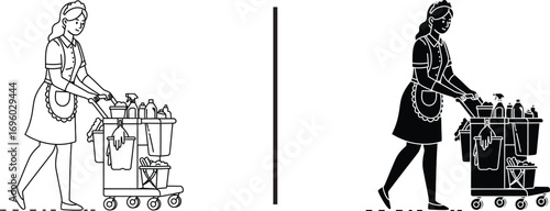 Professional Housekeeper: The image captures the dedication of a housekeeper, seen maneuvering a cleaning cart loaded with essential supplies, showcasing commitment and precision.