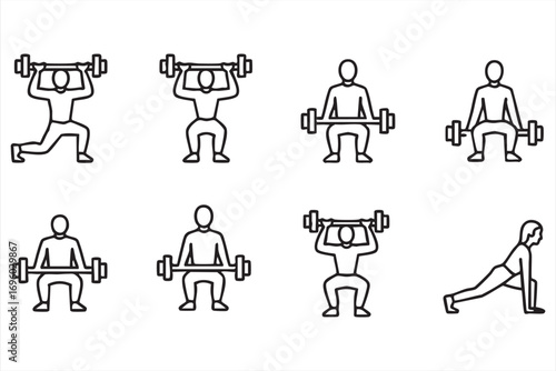 Vector Line Icons of Fitness and Exercise Including Weightlifting, Dumbbells, and Strength Training