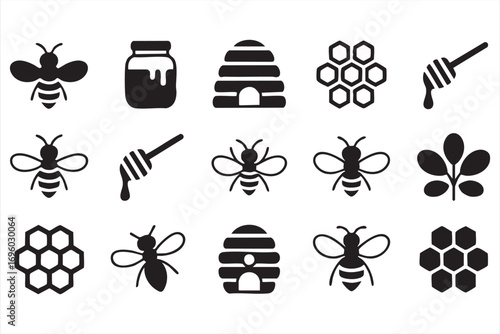 Vector Icons of Bees and Honey in Solid Style Featuring Honeycomb, Hive, and Flowers