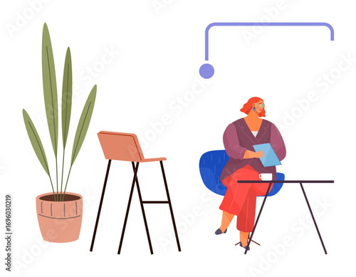 Woman seated at a desk with coffee and documents beside a tall indoor plant and a spare chair. Ideal for workspace, productivity, focus, study, design, creativity, simple flat metaphor