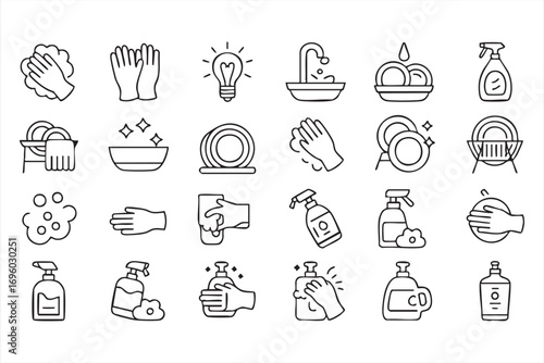 Vector Illustration of Dishwashing and Cleaning Icons for Housekeeping and Kitchen Maintenance