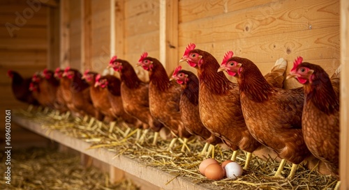 Two hens perching in a wooden chicken coop.