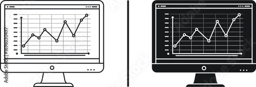 Digital Data Insights: A split image shows two computer monitors, each displaying a dynamic line graph representing the fluctuations and trends in financial markets or business performance.