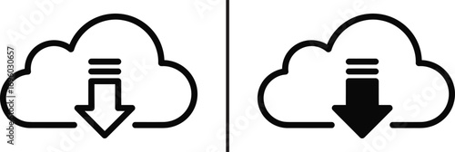 Cloud download icons: Symbolic representations of data transfer and storage, featuring cloud and downward arrow illustrations, conveying concepts of accessibility and digital exchange.