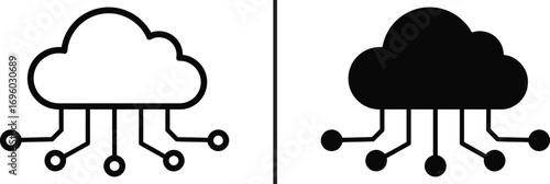 Cloud Computing Icon set: A striking monochrome rendering of cloud computing icons. This modern graphic showcases the essence of digital connectivity and data storage solutions.