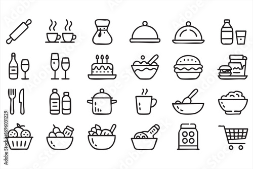Food and Drink Line Icons Collection with Coffee, Wine, Cake, Salad, Burger, and Soup Symbols