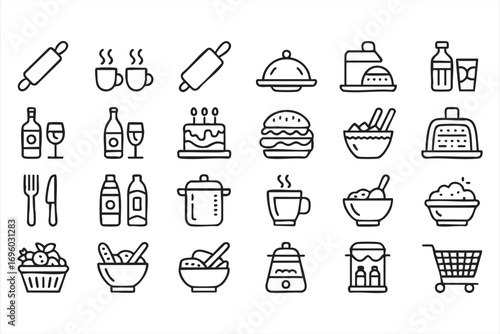 Kitchen and Dining Icon Set Featuring Cooking Utensils, Beverages, and Meals in Outline Style