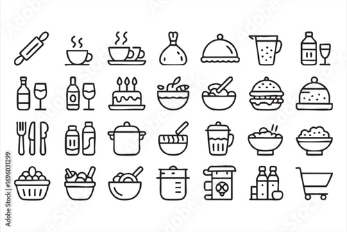 Vector Line Icons of Food and Drink for Restaurant, Cafe, and Culinary Design Projects
