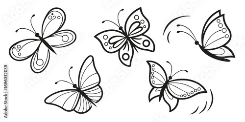 Five Stylized Black and White Butterflies 2.