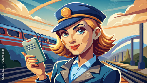 Close-up portrait of female train conductor holding ticket punch. Isolated background conveys professionalism, precision, and railway charm.