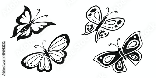 Four Stylized Black Butterflies on White Background.