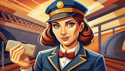 Close-up portrait of female train conductor holding ticket punch. Isolated background conveys professionalism, precision, and railway charm.