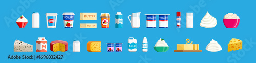 Dairy products collection with milk, butter, yogurt, cream, cheese. Food and ingredient set. Healthy nutrition concept for recipe book.