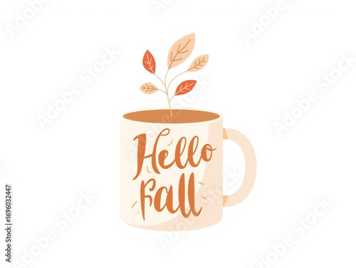 Fall Coffee Cup Vector – “Hello Fall” Text, Steam, Leaves, Cozy Seasonal Design