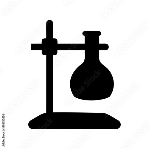 Black silhouette of a round bottom flask held by a ring stand