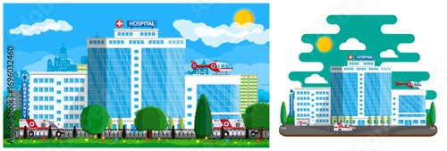 Modern city hospital building with ambulances and ambulance helicopter on helipad. Medical emergency and healthcare concept.