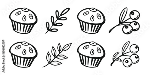 Handdrawn Muffin and Berry Branch Illustrations.