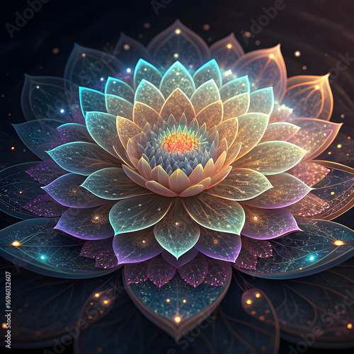 Ethereal Fractal Lotus with Crystalline Glow and Cosmic Kaleidoscopic Symmetry