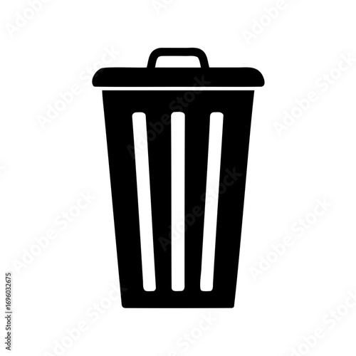 Black and white simple icon illustration of a lidded trash can