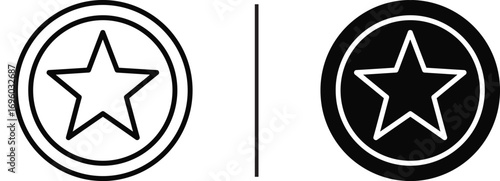 Star Icon Illustration: A pair of minimalist, monochrome star icons, one outlined and one filled, separated by a vertical line, representing contrast and choice.