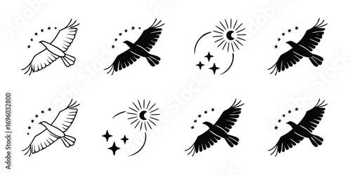 Majestic Eagle Flying Amongst Stars and Celestial Symbols.