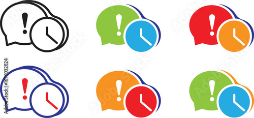An icon representing a timed alert or urgent message, featuring a speech bubble with an exclamation mark and an overlapping clock. The icon is shown in a black outline and various color combinations.