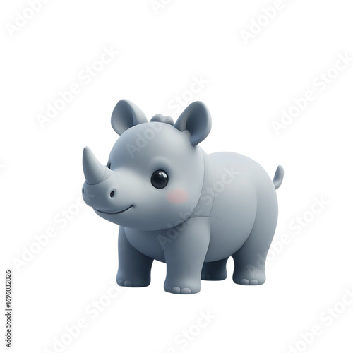 A charming cartoon rhinoceros standing against a black backdrop with a sweet and gentle expression