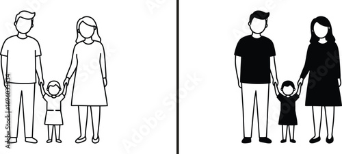 Unified Family Silhouette: A heartwarming minimalist depiction of a family, hand in hand, embodying unity and the bond of togetherness, rendered in stark monochrome lines.