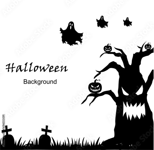 Modern Halloween silhouette vector illustration with graveyard, pumpkins, ghosts, and trees on a white background. Decorate your design for poster banners, greeting cards, and Halloween party invitati