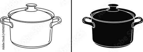 Pot Icon: A kitchen pot illustration with two distinct styles, one as a silhouette and the other in a outlined format. capturing the essence of cooking, simplicity, and culinary theme.