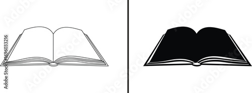 Book of Knowledge: A minimalist black and white illustration of an open book, highlighting its pages and silhouette, embodying the essence of knowledge and storytelling.