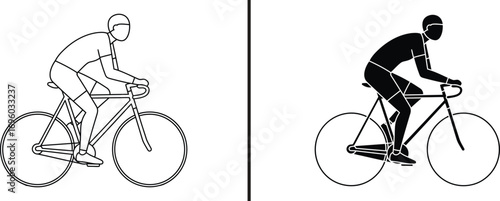 Cyclist Silhouette on Bike: A stylized silhouette of a cyclist rides a bicycle, capturing the dynamic form of cycling. Depicting movement and the spirit of the sport.