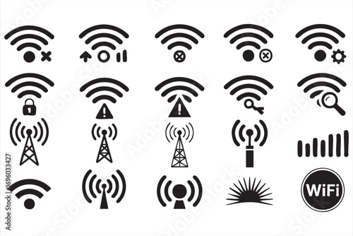 Wireless Network Symbols Set – Internet, Router, and Signal Icons