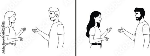 Interaction: Two individuals engage in a deep conversation or exchange of ideas, visualized in a refined minimalist style. The scene promotes human interaction.