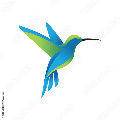 Minimalist Hummingbird in Flight , Elegant Blue and Green Design