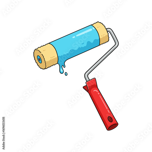 Cartoon Paint Roller with Blue Paint Dripping Red Handle and Silver Arm.