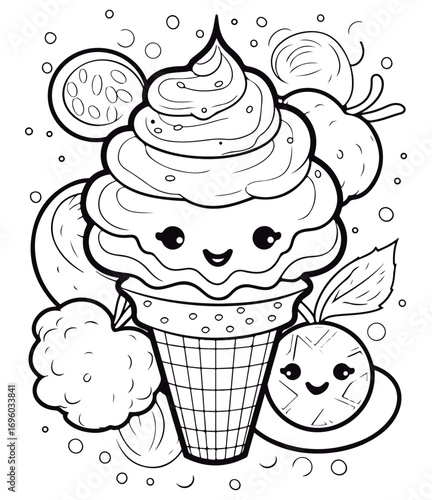 Coloring Page Of cartoon cute ice cream Coloring Book for kids.