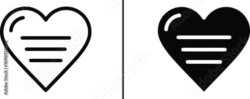 Heart Note Icon: The image features a heart-shaped icon with horizontal lines within, a symbol of love and message, depicted in both a outlined version and a solid fill version. 