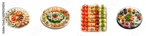 Panel kuchenny z motywem Gourmet Appetizer Assortment Featuring Salmon, Sushi, Wraps, a Variety of Savory Bites