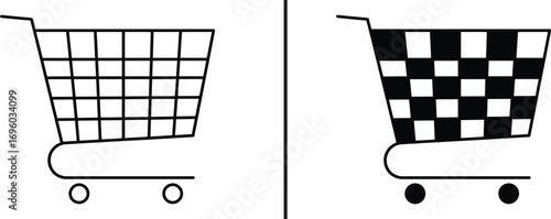 Shopping Cart Comparison: A simple illustration comparing a standard shopping cart to a stylized, checkered version.  The design highlights the concept of visual variation and retail design.