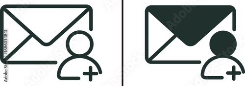 Email and Connection: The image presents two digital icon of email associated with person and symbol plus. perfect for illustration a new contact or digital invitation.