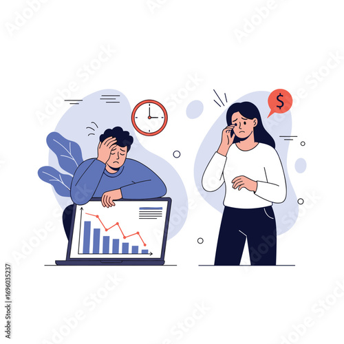 Economic downturn and financial stress affecting individuals and businesses with falling charts and time pressure