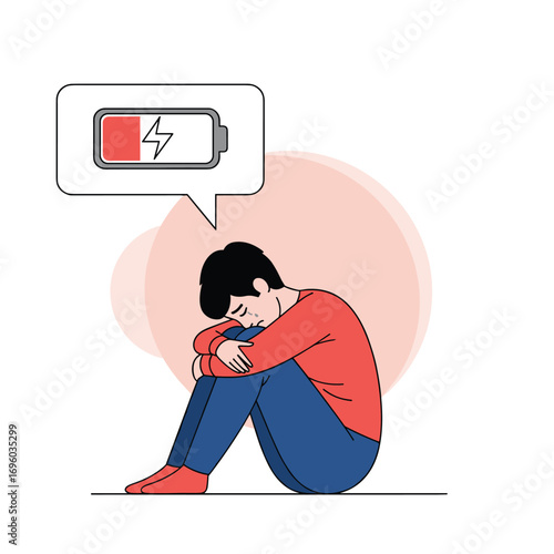Feeling drained and exhausted a person sitting alone with a low battery symbol above their head illustrating burnout and mental fatigue